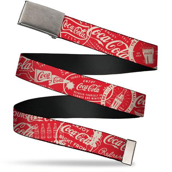 Buckle-Down Web Belt Clamp Buckle - Vintage Coca-Cola Coke Icons and Ad Logos Red/White Webbing