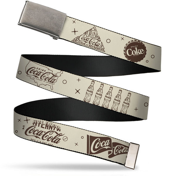 Buckle-Down Web Belt Clamp Buckle - Vintage Coca-Cola Coke Icons and Ad Logos White/Brown Webbing