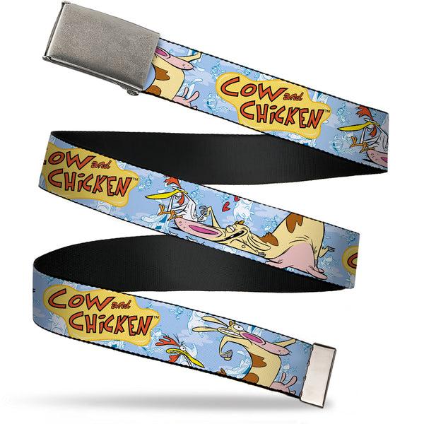 Buckle-Down Web Belt Clasp Buckle - COW AND CHICKEN Title Logo and Character Poses Blues Webbing