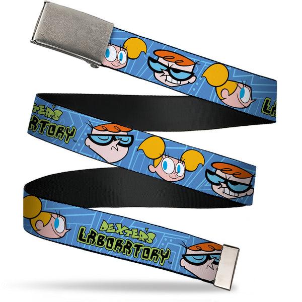 Buckle-Down Web Belt Clasp Buckle - DEXTER'S LABORATORY Title Logo with Dexter and Dee Dee Expressions Blues Webbing