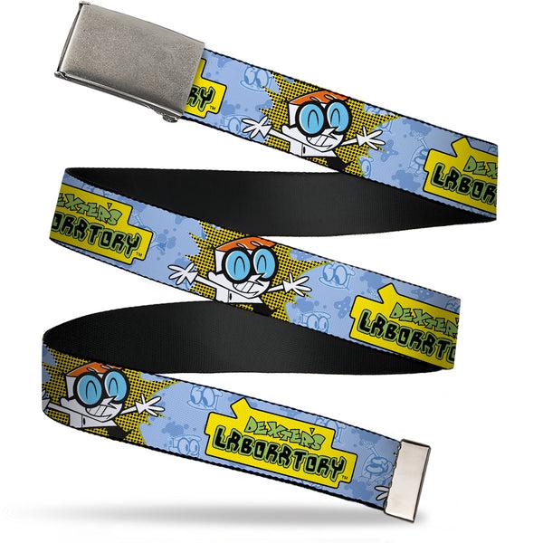 Buckle-Down Web Belt Clasp Buckle - DEXTER'S LABORATORY Title Logo and Dexter Pose Blues/Yellow/Black Webbing