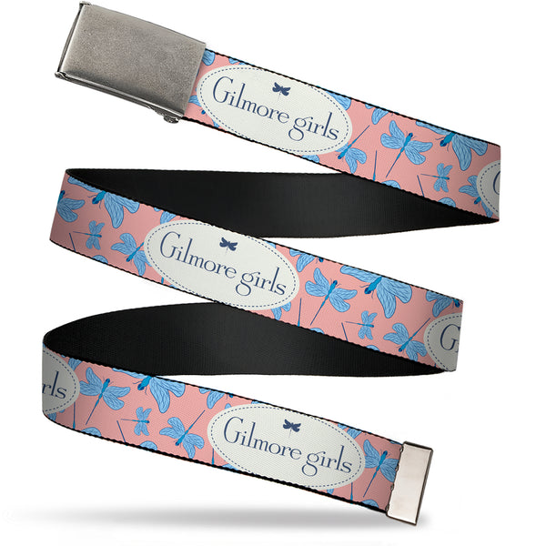 Buckle-Down Web Belt Clasp Buckle - GILMORE GIRLS Title Logo and Dragon Flies Scattered Pink/White/Blues Webbing
