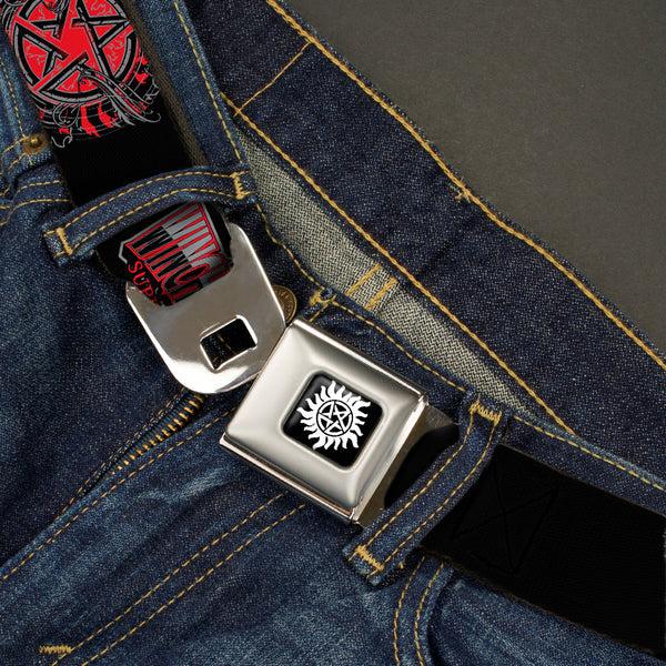 Buckle-Down Winchester Logo Full Color Black White Seatbelt Belt - THE WINCHESTER BROS/Flaming Pentagram Black/White/Reds Webbing
