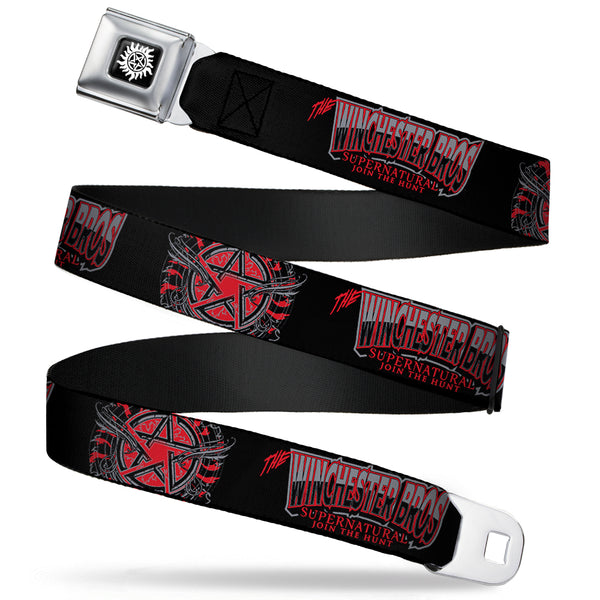 Buckle-Down Winchester Logo Full Color Black White Seatbelt Belt - THE WINCHESTER BROS/Flaming Pentagram Black/White/Reds Webbing