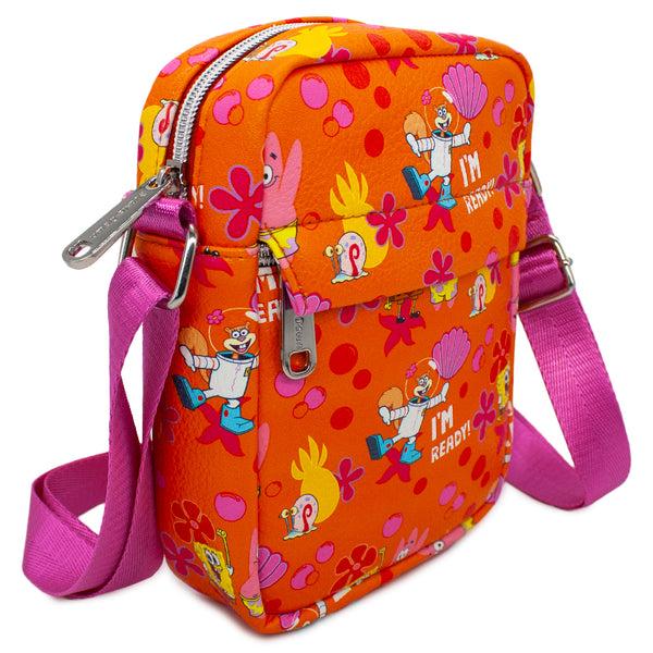 Buckle-Down Women's Crossbody Wallet - SpongeBob And Friends I'M READY Poses Flower And Bubbles Collage Orange