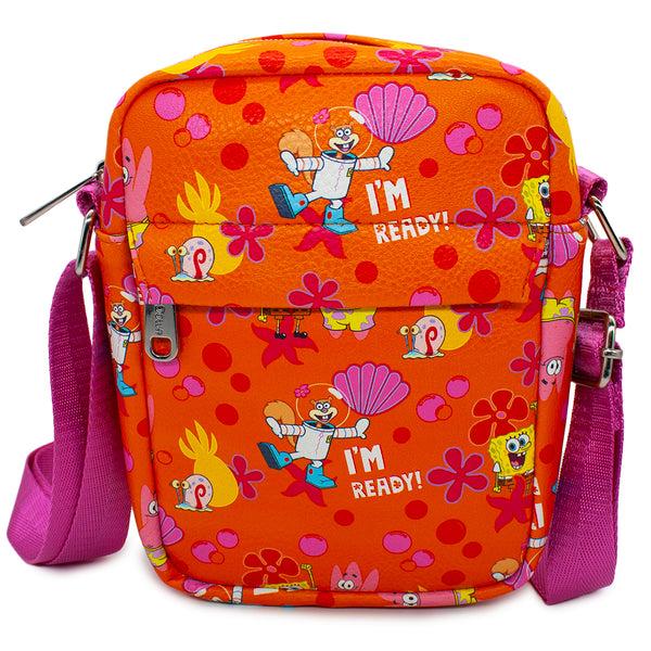 Buckle-Down Women's Crossbody Wallet - SpongeBob and Friends I'M READY Poses Flower and Bubbles Collage Orange