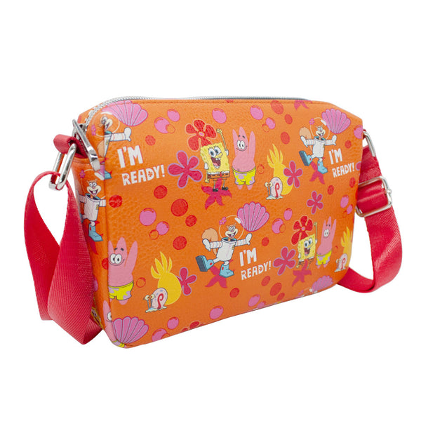 Buckle-Down Women's Horizontal Crossbody Wallet - SpongeBob And Friends I'M READY Poses Flower And Bubbles Collage Orange