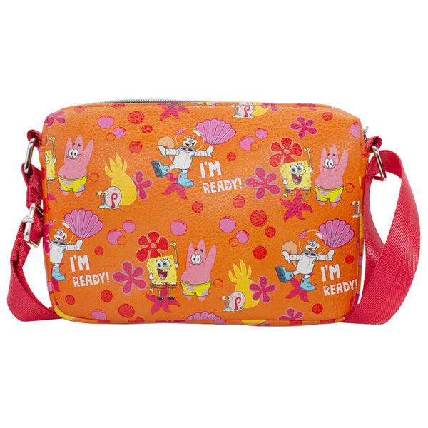 Buckle-Down Women's Horizontal Crossbody Wallet - SpongeBob And Friends I'M READY Poses Flower And Bubbles Collage Orange