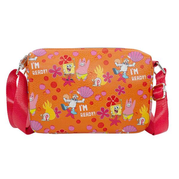 Buckle-Down Women's Horizontal Crossbody Wallet - SpongeBob and Friends I'M READY Poses Flower and Bubbles Collage Orange