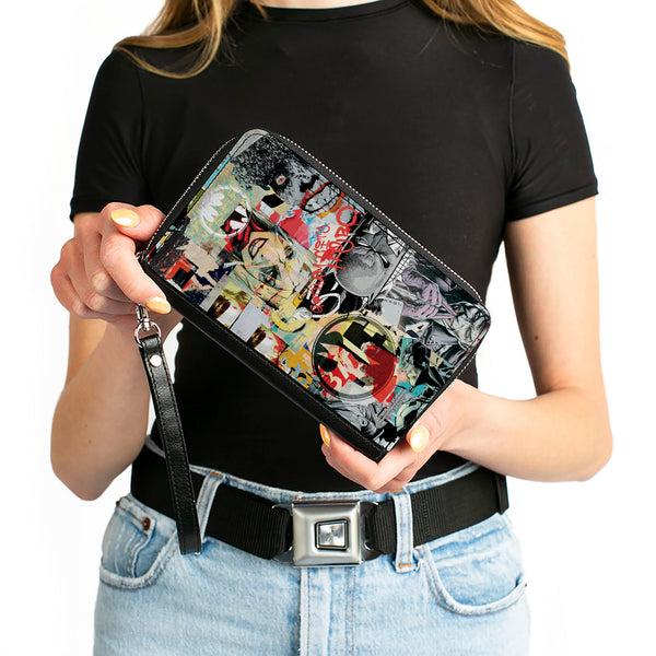 Buckle-Down Women's PU Zip Around Wallet Rectangle - Batman And Gotham City Villains Torn Faces Graffiti Collage