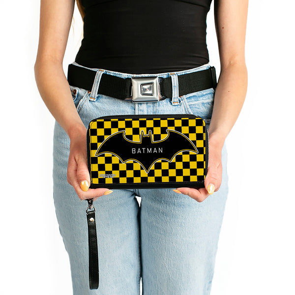 Buckle-Down Women's PU Zip Around Wallet Rectangle - BATMAN Bat Logo Close-Up Checker Yellow Black