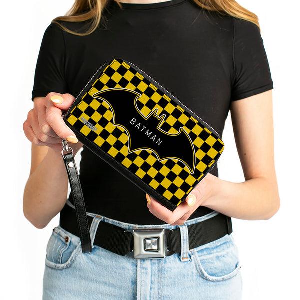 Buckle-Down Women's PU Zip Around Wallet Rectangle - BATMAN Bat Logo Close-Up Checker Yellow Black
