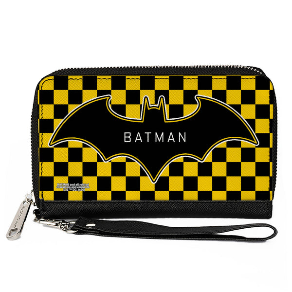 Buckle-Down Women's PU Zip Around Wallet Rectangle - BATMAN Bat Logo Close-Up Checker Yellow Black