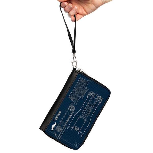 Buckle-Down Women's PU Zip Around Wallet Rectangle - Batman Batmobile Blueprint Tech Turns Blues White