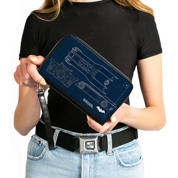 Buckle-Down Women's PU Zip Around Wallet Rectangle - Batman Batmobile Blueprint Tech Turns Blues White