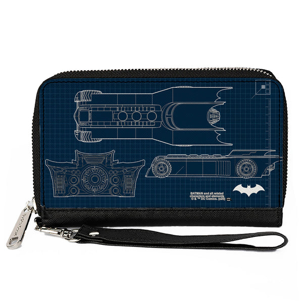 Buckle-Down Women's PU Zip Around Wallet Rectangle - Batman Batmobile Blueprint Tech Turns Blues White