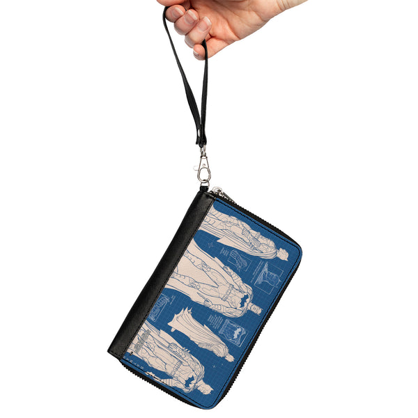 Buckle-Down Women's PU Zip Around Wallet Rectangle - Batman Blueprint Tech Poses Blues White