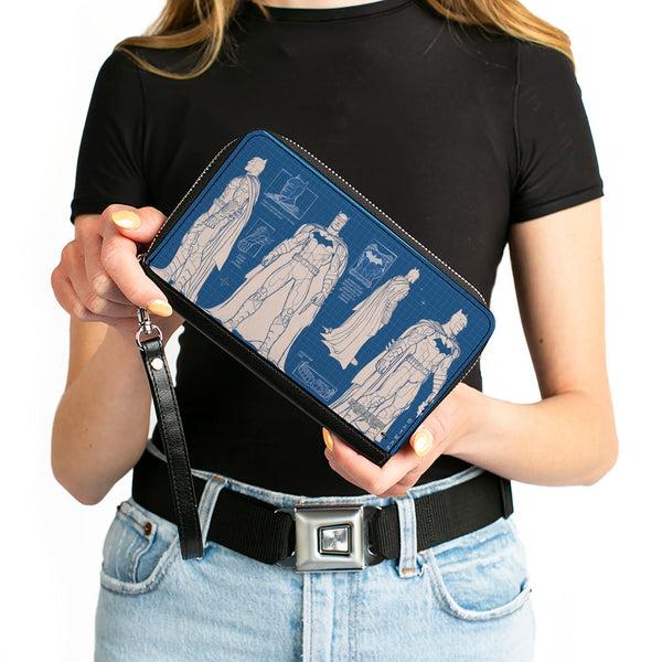 Buckle-Down Women's PU Zip Around Wallet Rectangle - Batman Blueprint Tech Poses Blues White