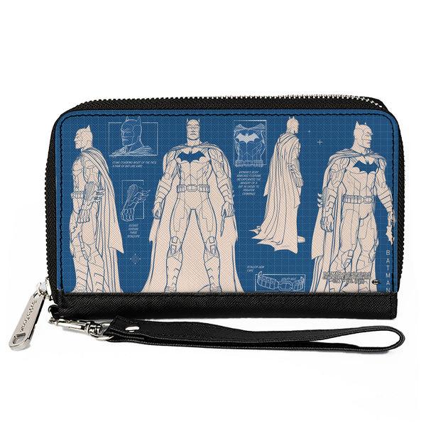Buckle-Down Women's PU Zip Around Wallet Rectangle - Batman Blueprint Tech Poses Blues White