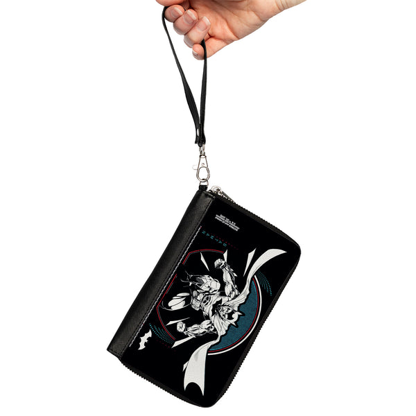 Buckle-Down Women's PU Zip Around Wallet Rectangle - Batman Crouching Tech Action Pose Black White Blue Red