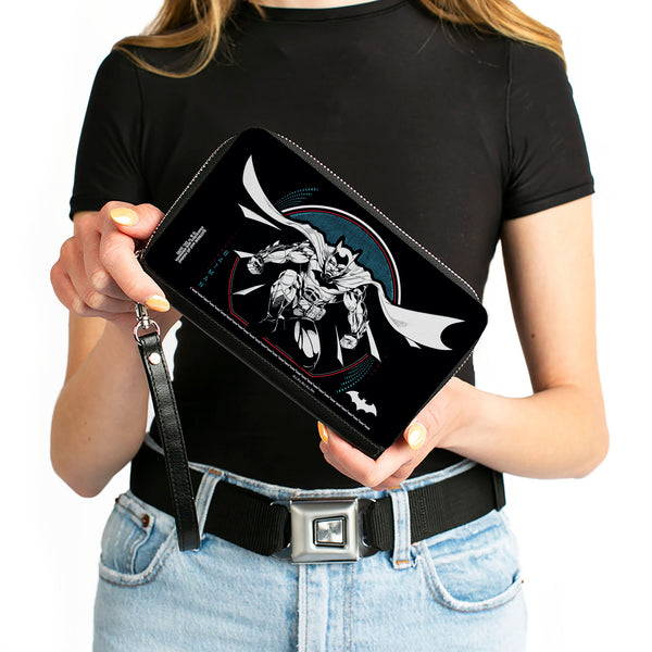Buckle-Down Women's PU Zip Around Wallet Rectangle - Batman Crouching Tech Action Pose Black White Blue Red