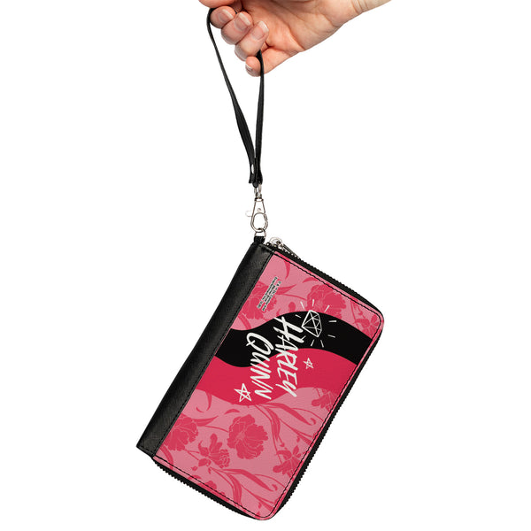 Buckle-Down Women's PU Zip Around Wallet Rectangle - Birds Of Prey HARLEY QUINN Text Diamond Stars Flowers Pinks Black White