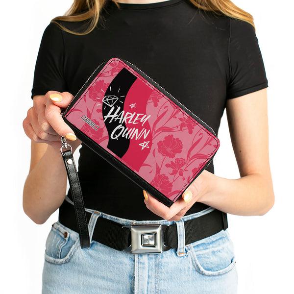 Buckle-Down Women's PU Zip Around Wallet Rectangle - Birds Of Prey HARLEY QUINN Text Diamond Stars Flowers Pinks Black White