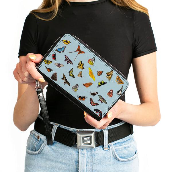 Buckle-Down Women's PU Zip Around Wallet Rectangle - Butterflies Scattered Baby Blue