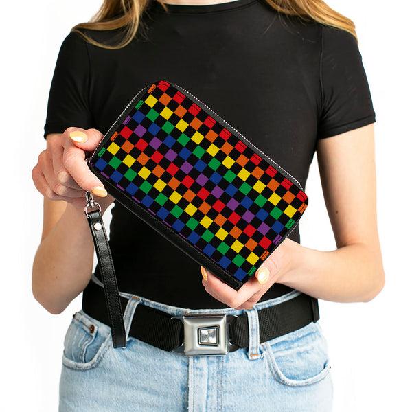Buckle-Down Women's PU Zip Around Wallet Rectangle - Checker Black Rainbow Multi Color