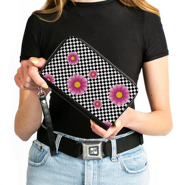Buckle-Down Women's PU Zip Around Wallet Rectangle - Checkers Pink Daisies Black White