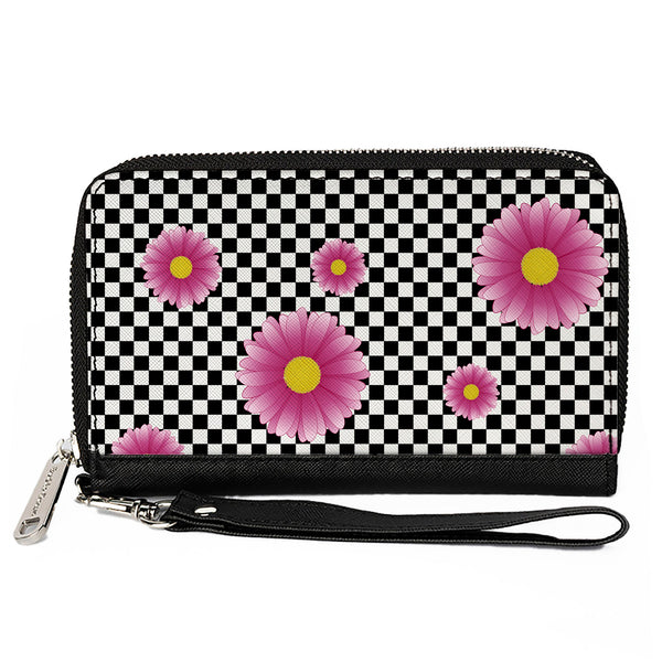 Buckle-Down Women's PU Zip Around Wallet Rectangle - Checkers Pink Daisies Black White