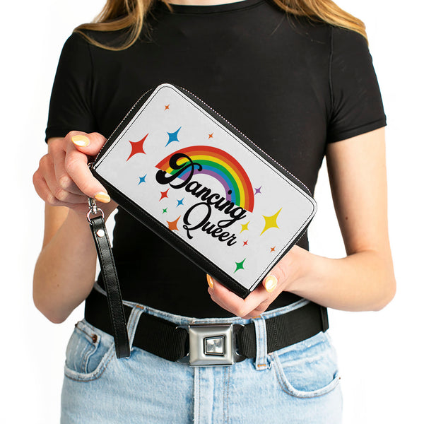 Buckle-Down Women's PU Zip Around Wallet Rectangle - DANCING QUEER Rainbow White Black Multi Color