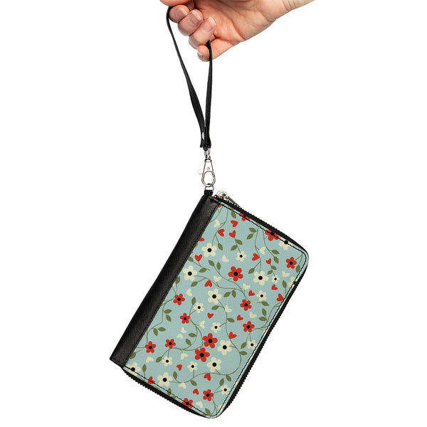 Buckle-Down Women's PU Zip Around Wallet Rectangle - Ditsy Floral Chain Baby Blue Red White Green