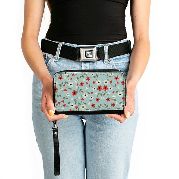 Buckle-Down Women's PU Zip Around Wallet Rectangle - Ditsy Floral Chain Baby Blue Red White Green