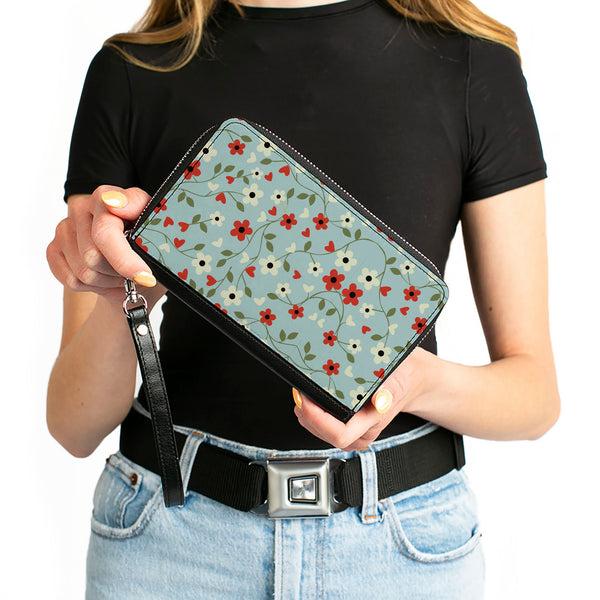 Buckle-Down Women's PU Zip Around Wallet Rectangle - Ditsy Floral Chain Baby Blue Red White Green