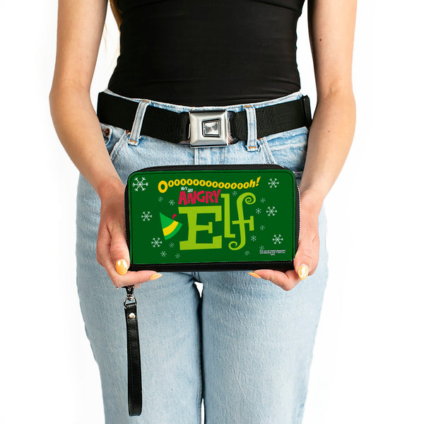Buckle-Down Women's PU Zip Around Wallet Rectangle - Elf OH HE'S AN ANGRY ELF Quote Greens Yellow Red