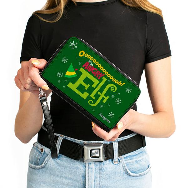 Buckle-Down Women's PU Zip Around Wallet Rectangle - Elf OH HE'S AN ANGRY ELF Quote Greens Yellow Red
