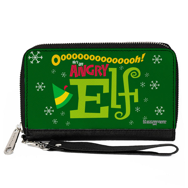 Buckle-Down Women's PU Zip Around Wallet Rectangle - Elf OH HE'S AN ANGRY ELF Quote Greens Yellow Red