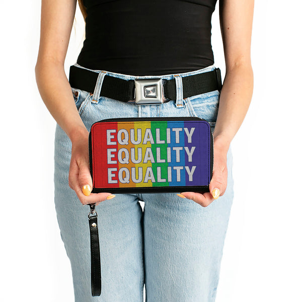Buckle-Down Women's PU Zip Around Wallet Rectangle - EQUALITY Blocks Rainbow Blue White