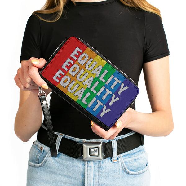 Buckle-Down Women's PU Zip Around Wallet Rectangle - EQUALITY Blocks Rainbow Blue White
