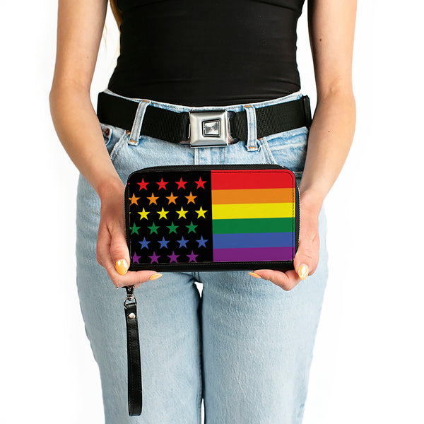 Buckle-Down Women's PU Zip Around Wallet Rectangle - Flag American Pride Rainbow Black