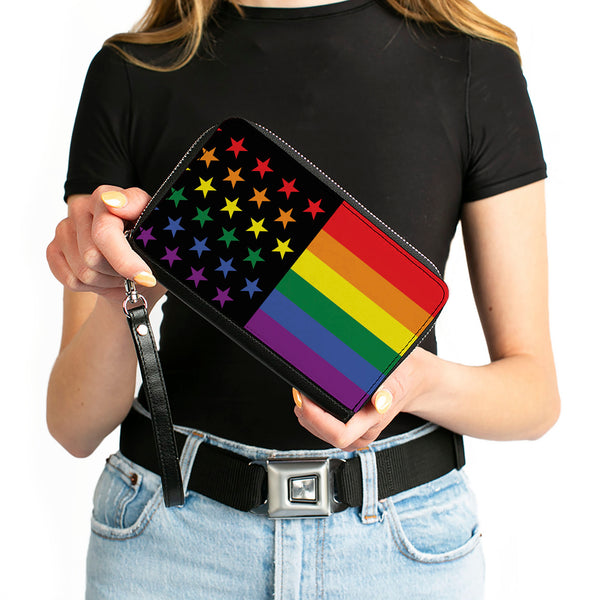 Buckle-Down Women's PU Zip Around Wallet Rectangle - Flag American Pride Rainbow Black