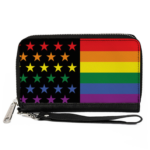 Buckle-Down Women's PU Zip Around Wallet Rectangle - Flag American Pride Rainbow Black