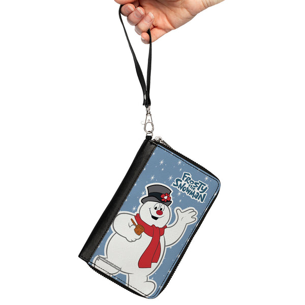 Buckle-Down Women's PU Zip Around Wallet Rectangle - FROSTY THE SNOWMAN Waving Pose Blue White