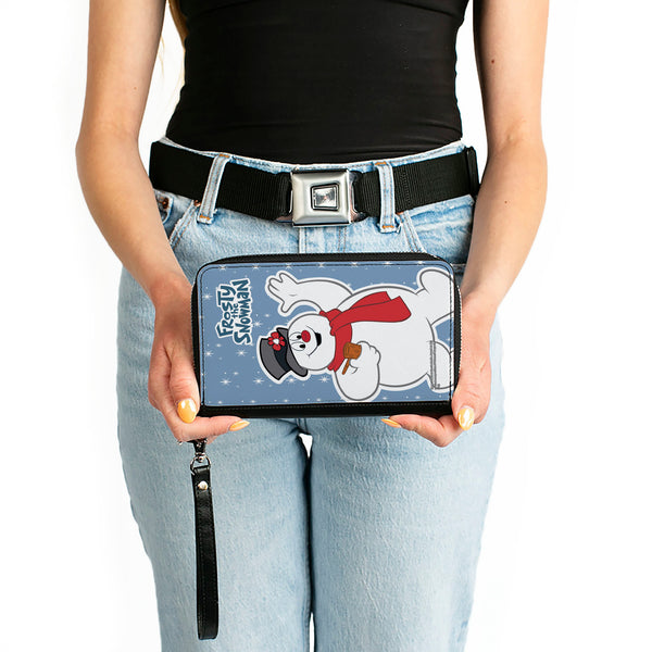 Buckle-Down Women's PU Zip Around Wallet Rectangle - FROSTY THE SNOWMAN Waving Pose Blue White