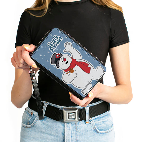 Buckle-Down Women's PU Zip Around Wallet Rectangle - FROSTY THE SNOWMAN Waving Pose Blue White