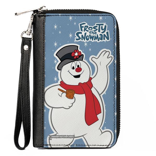 Buckle-Down Women's PU Zip Around Wallet Rectangle - FROSTY THE SNOWMAN Waving Pose Blue White