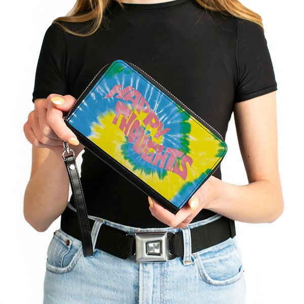 Buckle-Down Women's PU Zip Around Wallet Rectangle - HAPPY THOUGHTS Tie Dye Blue Yellow White Pink