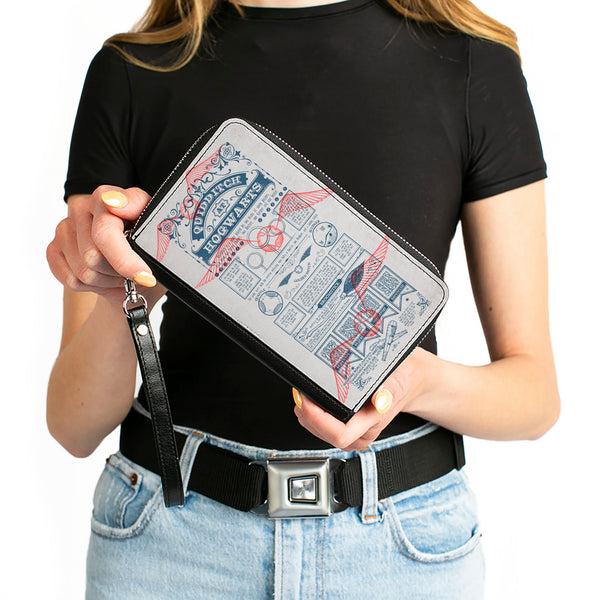 Buckle-Down Women's PU Zip Around Wallet Rectangle - Harry Potter QUIDDITCH AT HOGWARTS Rules Collage White Blue Red