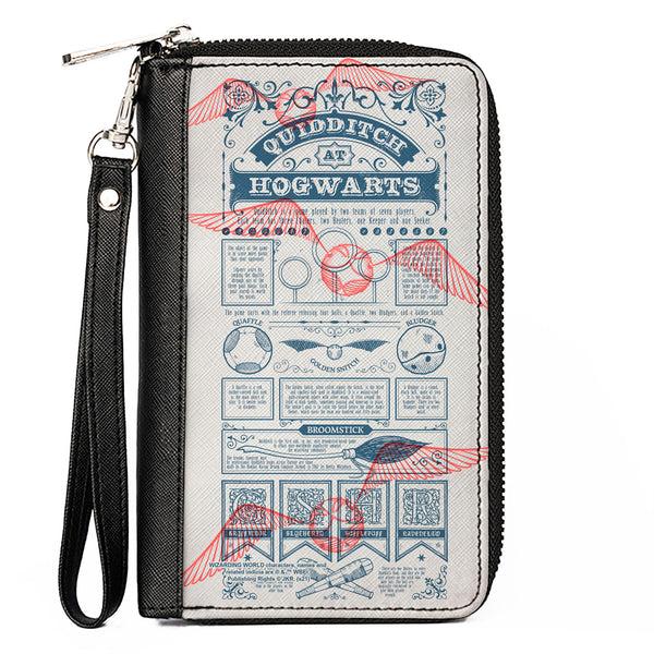 Buckle-Down Women's PU Zip Around Wallet Rectangle - Harry Potter QUIDDITCH AT HOGWARTS Rules Collage White Blue Red